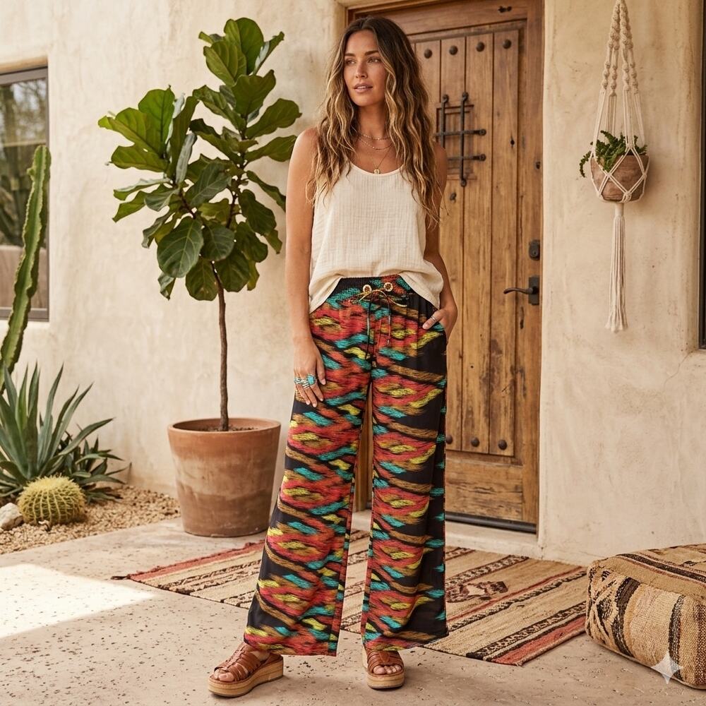 TRICIA FIX Wide Leg Ikat Print Pants Small Boho Beachy Festival Small Flowy